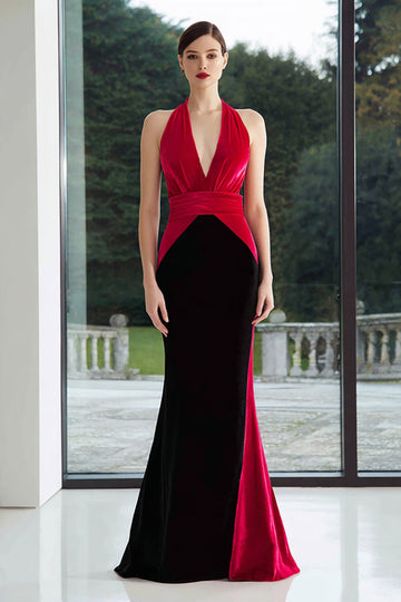 Czarna Fuksja Aksamitna Halter Syrenka Długa Sukienki Wieczorowe